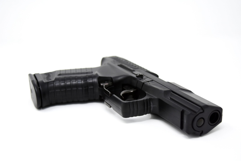 equipment, single object, weapon, aggression, white background, hand, studio shot, backup, pistol, automatic, loaded, airsoft, black color, indoors, crime