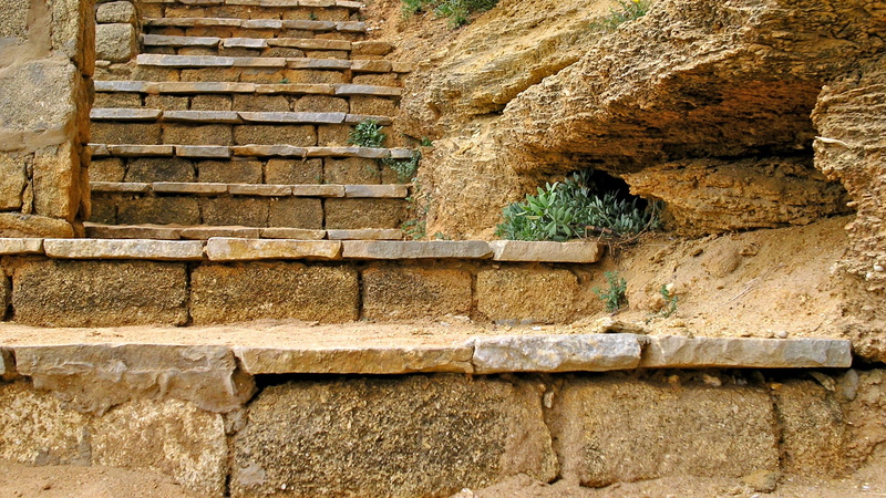 built structure, Ladder, staircase, no people, Stone, stone wall, rock, low angle view, history, solid, 1080P, ancient, construction, day, baluarte, wall - building feature