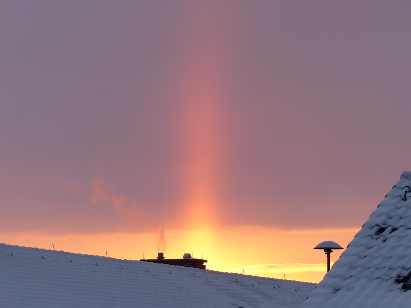 sunset, tranquil scene, scenics - nature, beauty in nature, mechanical siren, warning, morgenstimmung, orange, snow, homes, up, siren, roofs, heulton, smoke