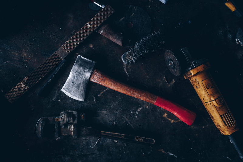 indoors, red, old, work tool, close-up, workshop, metal, hand tool, beside, tool, axe, screwdriver, upcycle, no people, sharp, restore, hammer, brown, high angle view