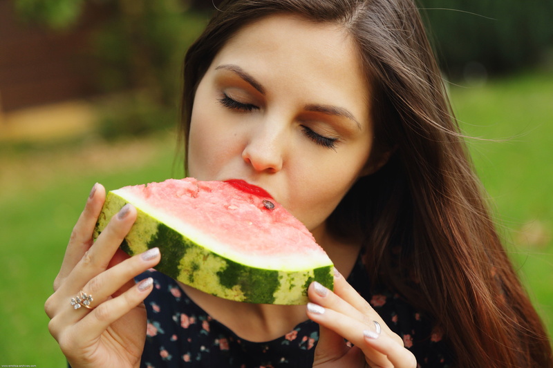 Alise Moreno, floral, women, suggestive, brunette, lifestyles, beauty, white, holding, teenager, food and drink, 5K, watermelons, long hair, one person