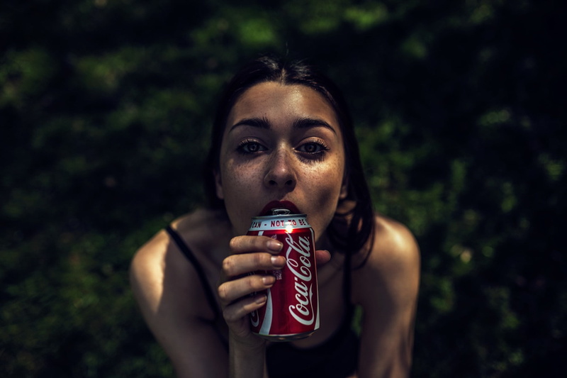 women, suggestive, bare shoulders, freckles, red lipstick, Coca-Cola, looking at viewer, can, brunette, 720P, top view
