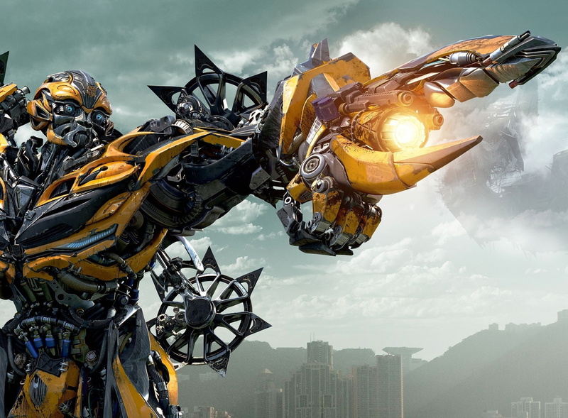 sun, Robot, Bumblebee, transformer, yellow, cloud - sky, low angle view, Movies, skyscraper, architecture, age of extinction, bumble, outdoors, extinction