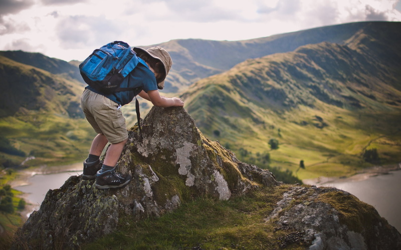 hill, people, summer, shorts, mountain Peak, boy, tranquility, vacations, one Young Woman Only, rock - Object, backpack, cargo, outdoors, tranquil scene