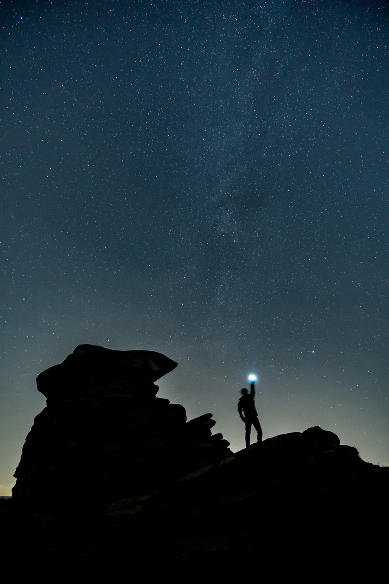 solid, galaxy, looking at view, one Person, scenics - nature, activity, adventure, person, night, spectral, landscape, dark, people, silhouette, mountain Climbing