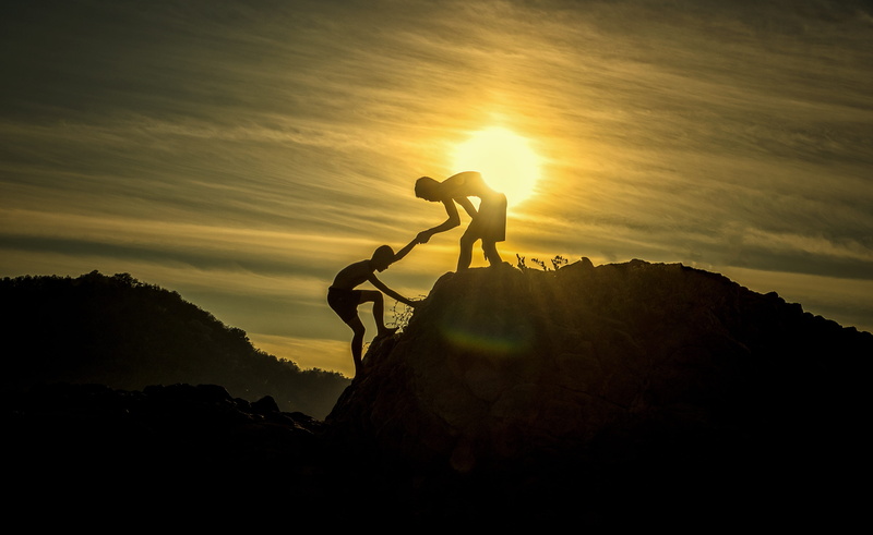 sun, friend, silhouette, rock climbing, lifestyles, landscape, climber, activity, climbing, outdoors, sunlight, human, rock - object, mountain peak, nature