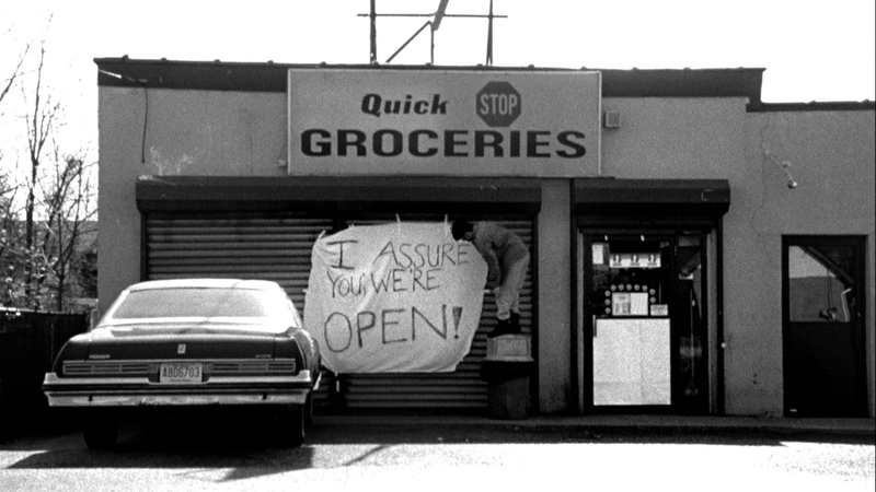 Clerks, day, transportation, car, western script, urban, sign, text, 1080P, information, building exterior, motor vehicle, architecture, mode of transportation