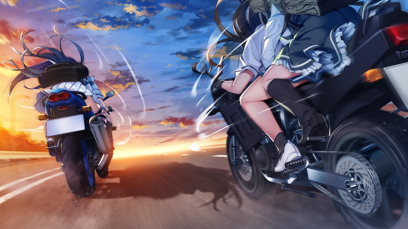 anime girls, road, caricature, 4K, motorcycle, illustration, racing, anime art, motor, girl