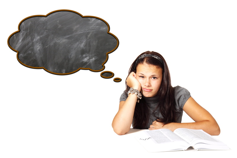contemplation, school, young women, thought bubble, boredom, girl, board, career, listless, indoors, study, white background, overwhelmed, hairstyle, communication