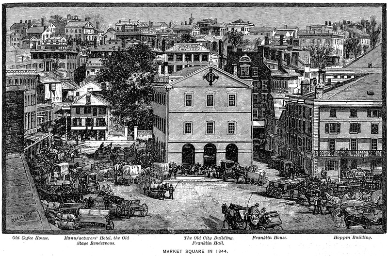 island, no people, text, market, Market Square, public domain, auto post production filter, tree, england, engraving, the past, old-fashioned, building exterior
