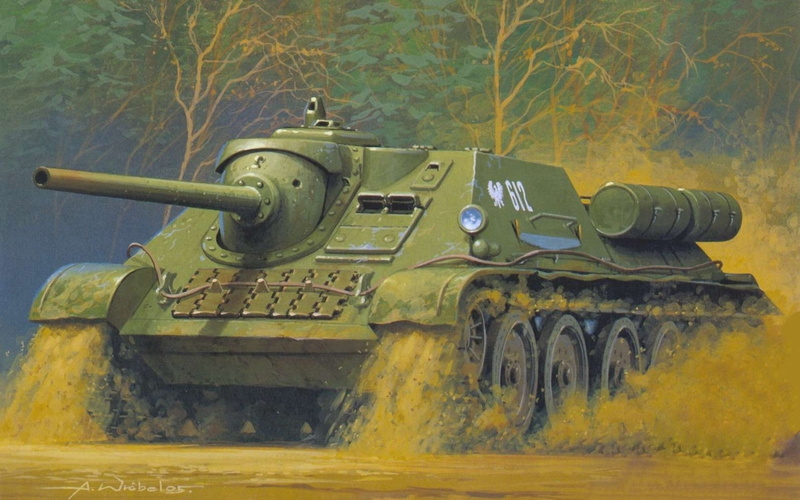 architecture, painting, green, The great Patriotic war., old, graffiti, number, history, wall - building feature, SU-85, water, outdoors, metal, tanks