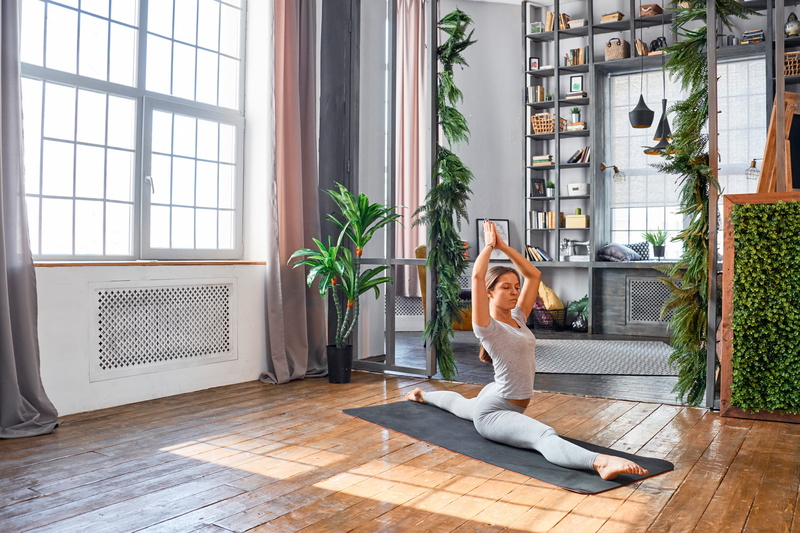 brown hair, plants, stretching, twine, deals, hairstyle, leggings, Mike, pose, flexible, Windows, girl, Mat, yoga, 2K, figure, fitness, room, training