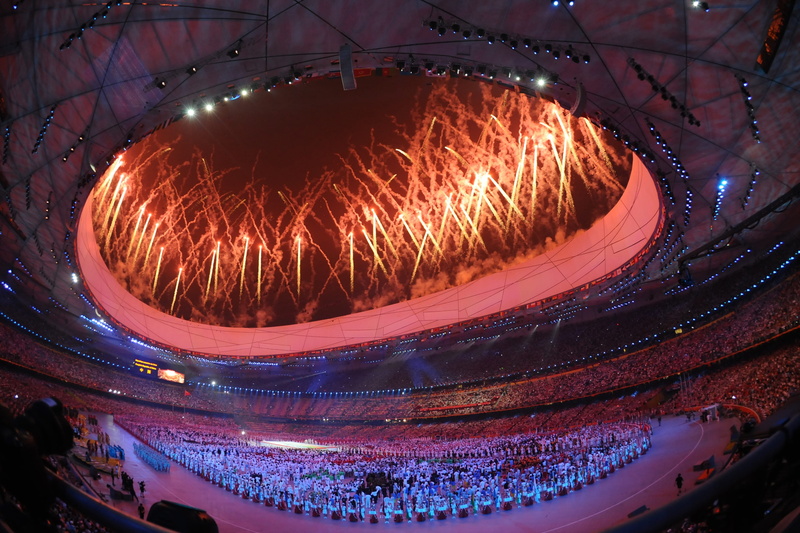 glowing, beautiful, architectural, fish-eye lens, event, photography, night, Olympics, Fireworks, light, geometric shape, high angle view, large group of people