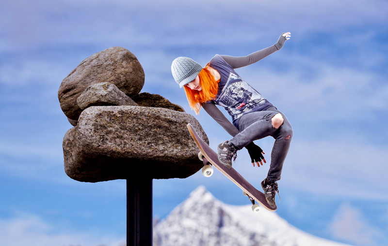 day, rear view, activity, blue, venture, dared, sports equipment, lifestyle, 5K, mid, fun, courageous, style, tricks, skateboarding, colorful, woman, cloud - sky