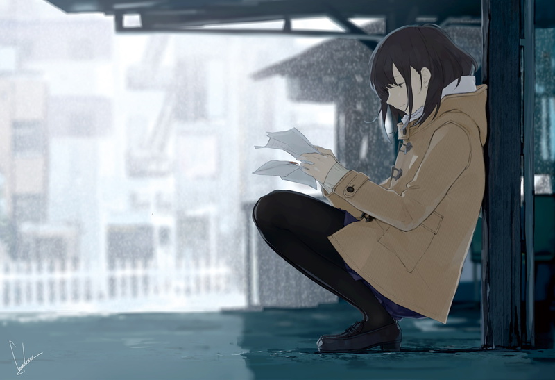 seat, side view, lonely, Anime, office, anime girl, creativity, day, formal businesswear, 1080P, full length, city, adult, profile view, hairstyle, business