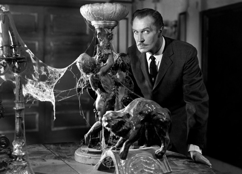 statuette, businessman, young men, holding, table, vincent price, cinema, vintage, business, 1080P, indoors, formalwear, occupation, spooky, males, scary