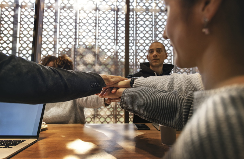 cheerful, support, women, occupation, office, group of people, unity, adult, joining, teamwork, colleague, wear, friends, corporate business, room, success