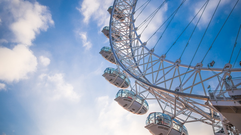 travel destinations, circle, 4K, city, blue, architecture, gray, outdoors, amusement park, leisure activity, ferris, nature, shape, day, clouds, ferris wheel