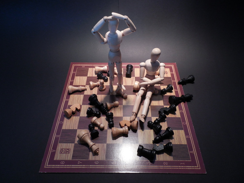 figurine, studio shot, 2K, wood dolls, full length, creativity, robot, coworker, figures, digital composite, board game, frustration, board, business person