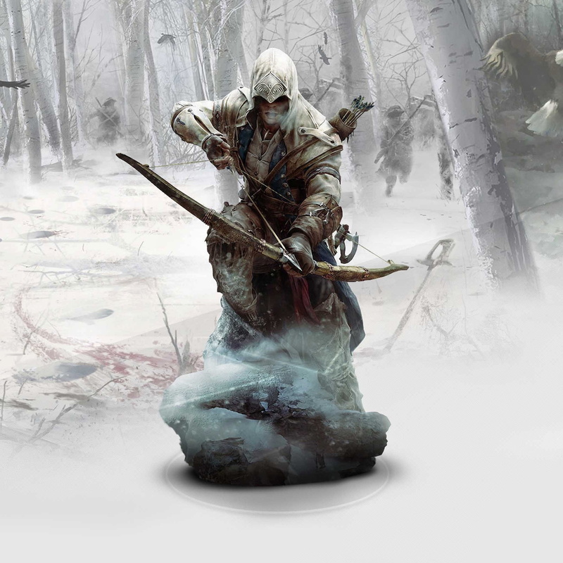 sculpture, headwear, digital composite, 1080P, dom, full length, weapon, game, snow, nature, adult, winter, cold temperature, one person, Connor Kenway