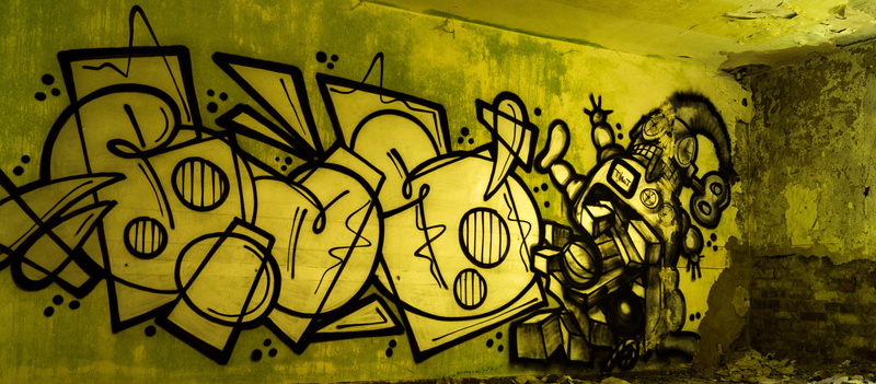 wall - building feature, comic, drawing, no people, paint, pattern, texture, yellow, sprayer, painted wall, stone, 5K, cartoon character, indoors, graffiti