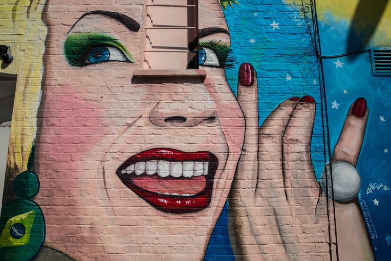 smiling, art, body part, creativity, central, happy, Canon 6D, wall - building feature, human representation, woman, built structure, mural, Camden, outdoors