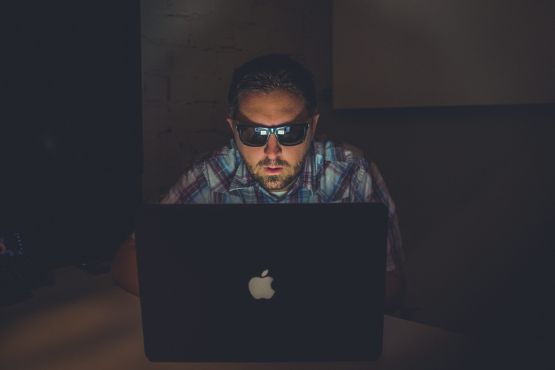 hacker, online, eyeglasses, front, man, adult, one person, laptop, internet, spam, website, working, inside, mouth open, technology, using, code, apple
