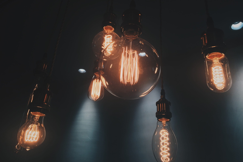 indoors, glowing, illuminated, light - natural phenomenon, low angle shot, hanging, transparent, dark, bright, clear, light bulb, electric, filament, halogen