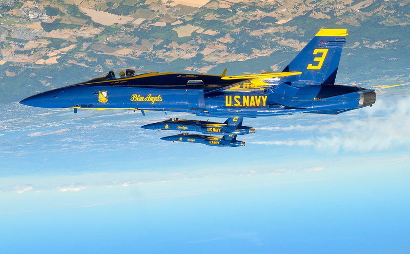 outdoors, mode of transportation, demonstration, blue, black, aerospace industry, daytime, blue angels, airplane, no people, sky, air, precision, u, nature