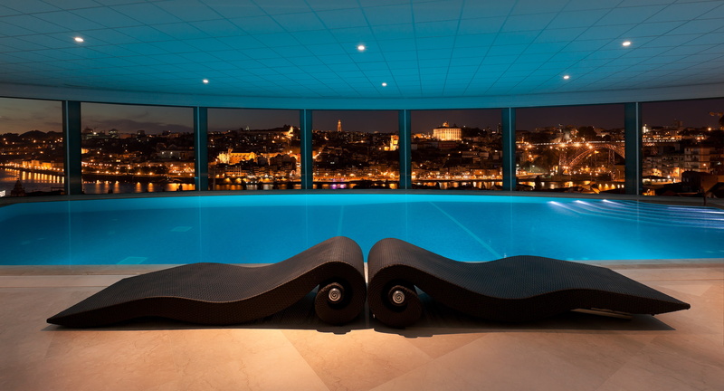 pool, 2K, Windows, the city, clarification, tile, night, lights, panorama, sunbeds, river., interior