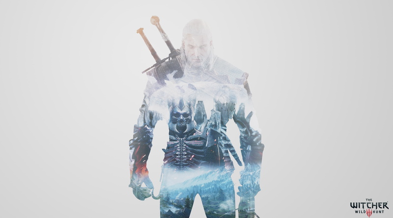 copy space, poster, day, triss merigold, multiple exposure, portrait, geralt riva, holding, hd, white background, wild hunt, hunt, witcher, witcher 3, standing