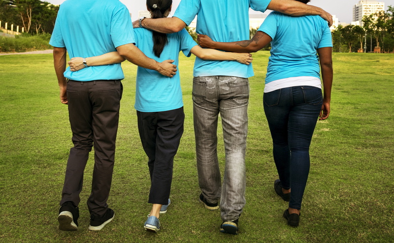 voluntary, team building, park, people, back, together, partnership, blue, land, donation, casual clothing, arms around, environment, park - man made space
