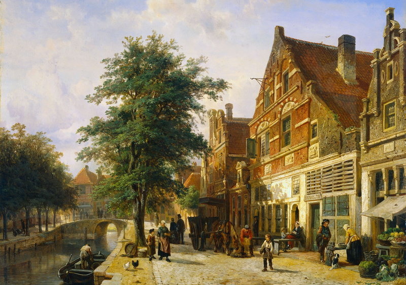 A street in Enkhuizen, picture, Cornelis Springer, the urban landscape, oil, 1080P, tree
