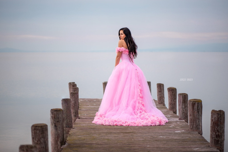 hair, Jurgen Bauer, pier, 1080P, sea, pose, dress, beautiful, girl