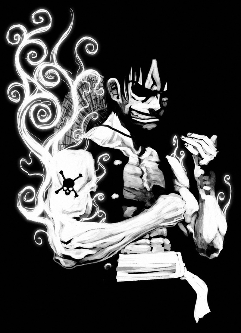 one piece, anime, 720P, black and white, x, hd, white, piece, d, monkey, black, art, luffy, one