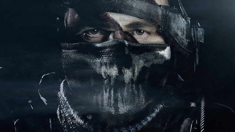 body part, indoors, looking at camera, young adult, adult, studio shot, disguise, men, Call of duty ghosts, mid adult, black background, aggression, Mask