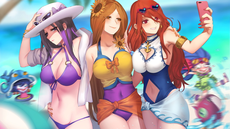 Zoe (League of Legends), lulu, Leona (League of Legends), Leona, Miss Fortune, pool party, 4K, video games, Lulu (League of Legends), Miss Fortune (League of Legends)