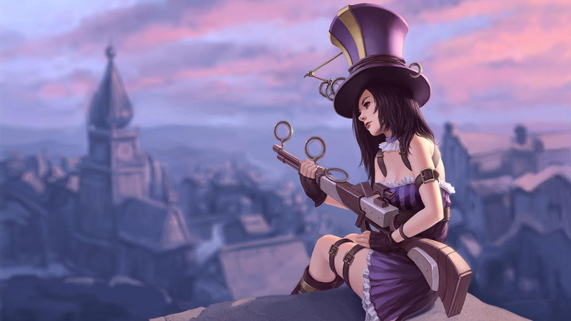 piltover, rifle, caitlyn, tsuaii, caitlyn the sheriff of piltover, top, sheriff, 1080P, league of legends, girl, hat, purple