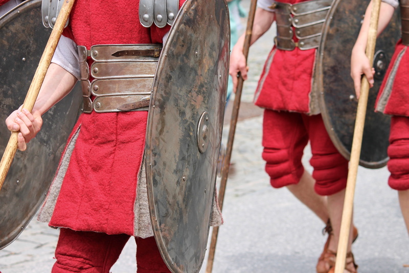 4K, group of people, people, conflict, shield, strength, antiquity, outdoors, red, low section, incidental people, midsection, standing, history, day