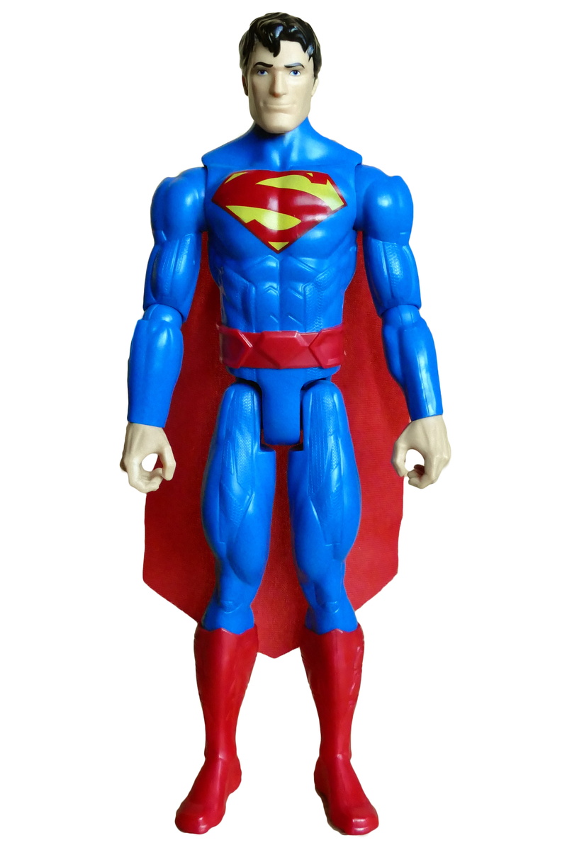white background, action, protect, front view, brave, plastic, blue, toy, costume, studio shot, superhero, fun, fight, superman, figurine, cape, 5K, cut out