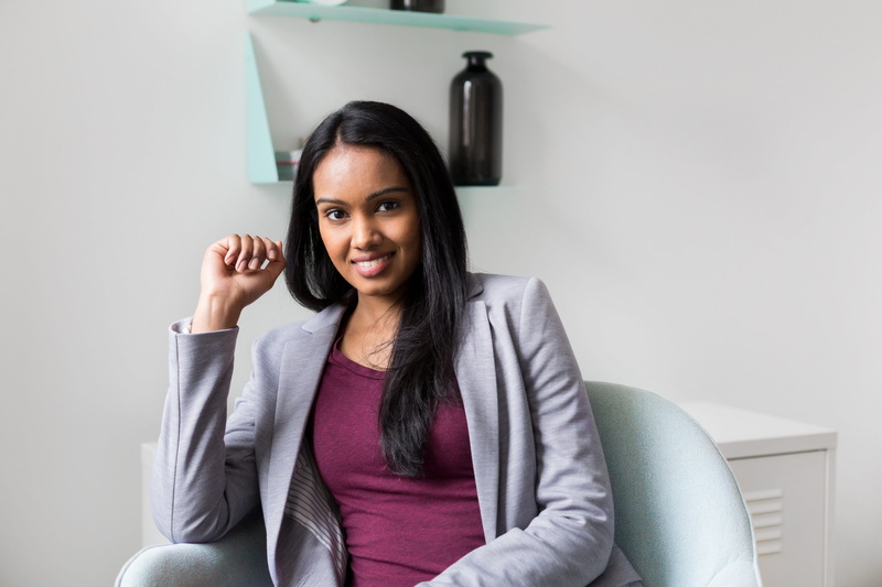 chair, beautiful woman, smiling, Office, front view, hair, young adult, one person, black hair, woman, women, indoors, young women, long hair, business person