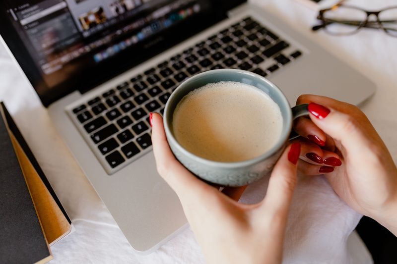 nail, cup, technology, wireless technology, latte, desk, home office, food and drink, work, cappucino, coffee, adult, human hand, refreshment, office, macbook