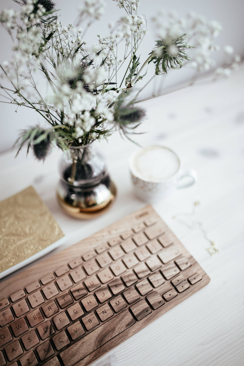 4K, laptop, nature, decoration, flowering plant, desk, high angle view, table, old-fashioned, computer, paper, indoors, day, flower arrangement, wood - Material