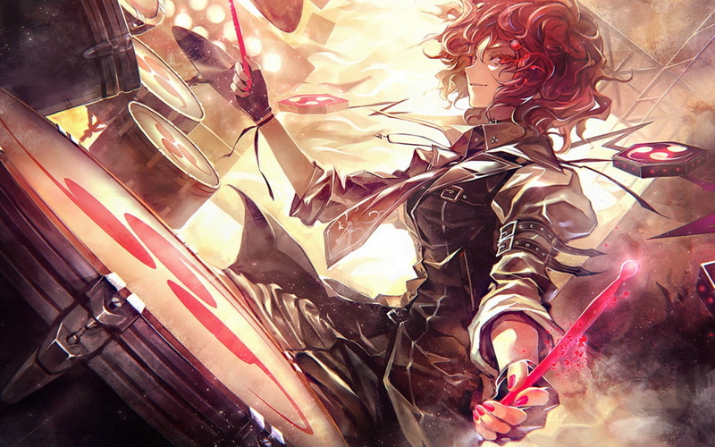 720P, event, gloves, low angle view, representation, lifestyles, indoors, wavy hair, Horikawa Raiko, musical instrument, redhead, drums, close-up, celebration