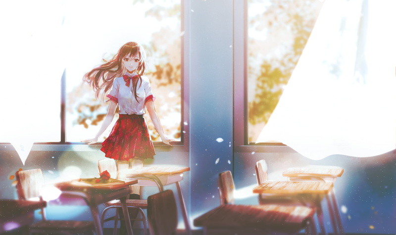 smiling, brunette, anime girls, red eyes, artwork, schoolgirl, original characters, indoors, long hair, anime, bow-tie, classroom, school uniform, drawing