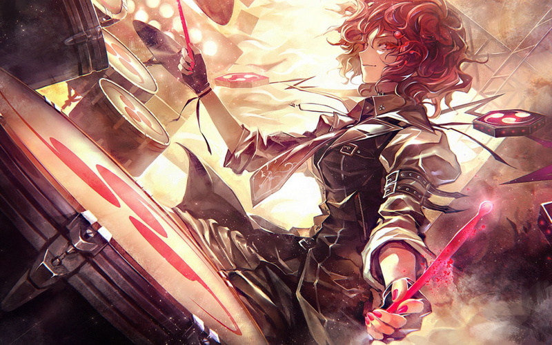 Horikawa Raiko, wavy hair, red eyes, redhead, video games, musical instrument, Touhou, drums, 720P, gloves, anime girls, tie