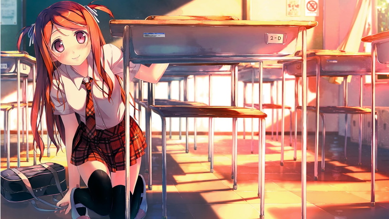 tie, front view, table, one person, beautiful woman, Kantoku, thigh-highs, seat, chair, leisure activity, hair ornament, real people, original characters