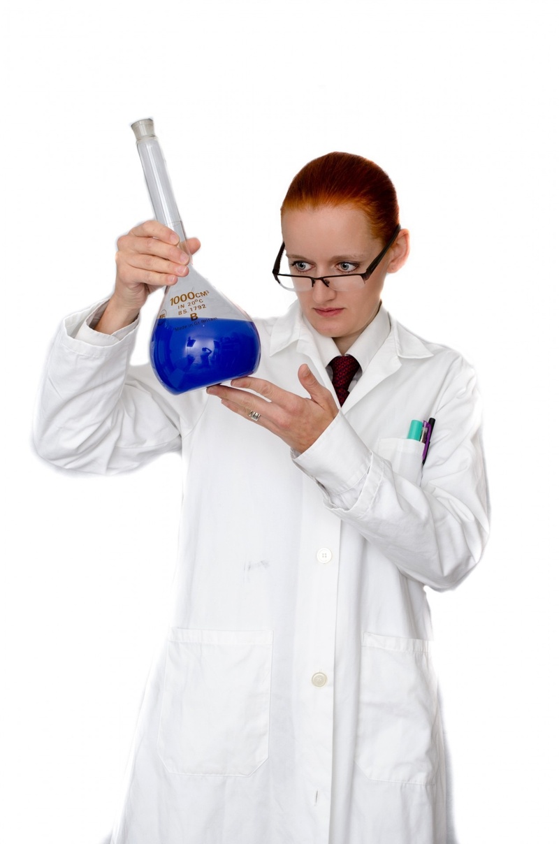 chemical, holding, gown, doctor, clothing, flask, lab coat, young women, healthcare and medicine, front view, studio shot, 1080P, people, laboratory, standing