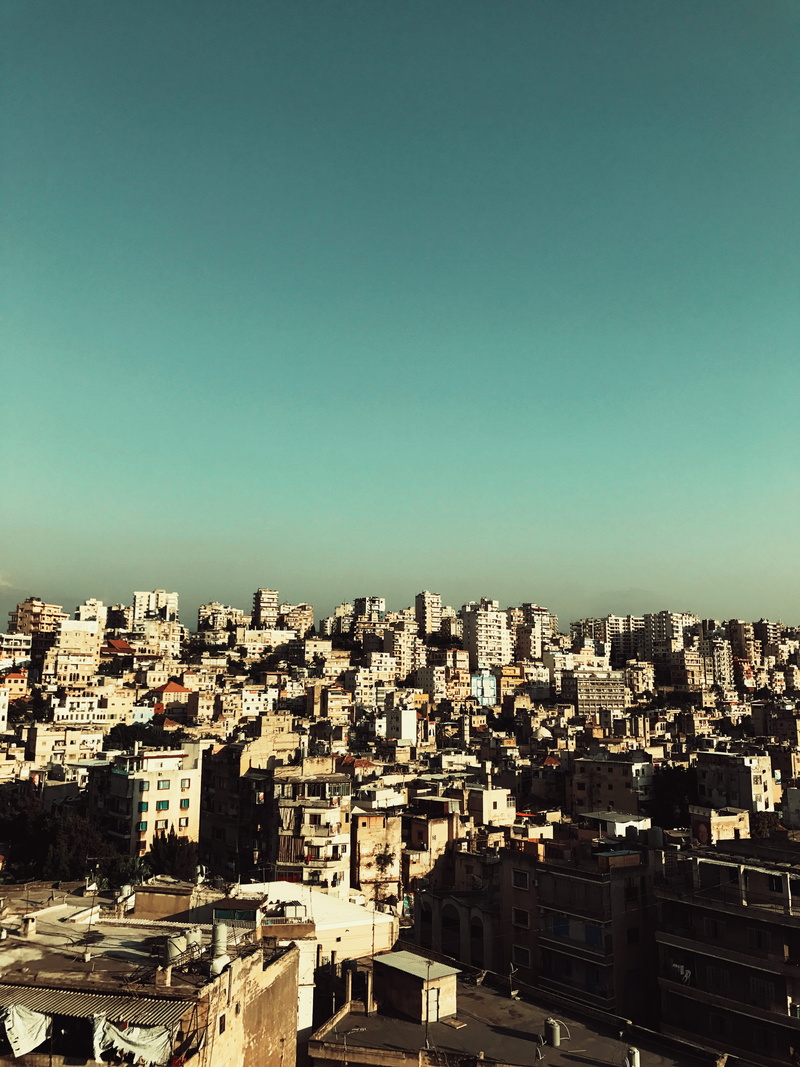 sunlight, sky, clear sky, settlement, houses, skyscraper, office building exterior, high angle view, day, copy space, population, lebanon, blue, apartment