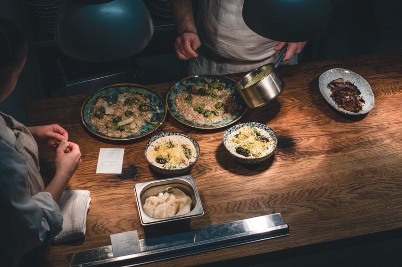 food, high angle view, tray, hand, people, kitchen, hands, plate, process, holding, midsection, Open kitchen, adult, food And Drink, human hand, 5K, meal